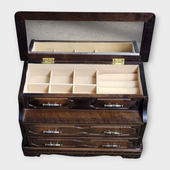 Jay Import Small Wood Musical Jewelry Box Drawers Storage Ring Holder Wt Mirror - Picture 3 of 12